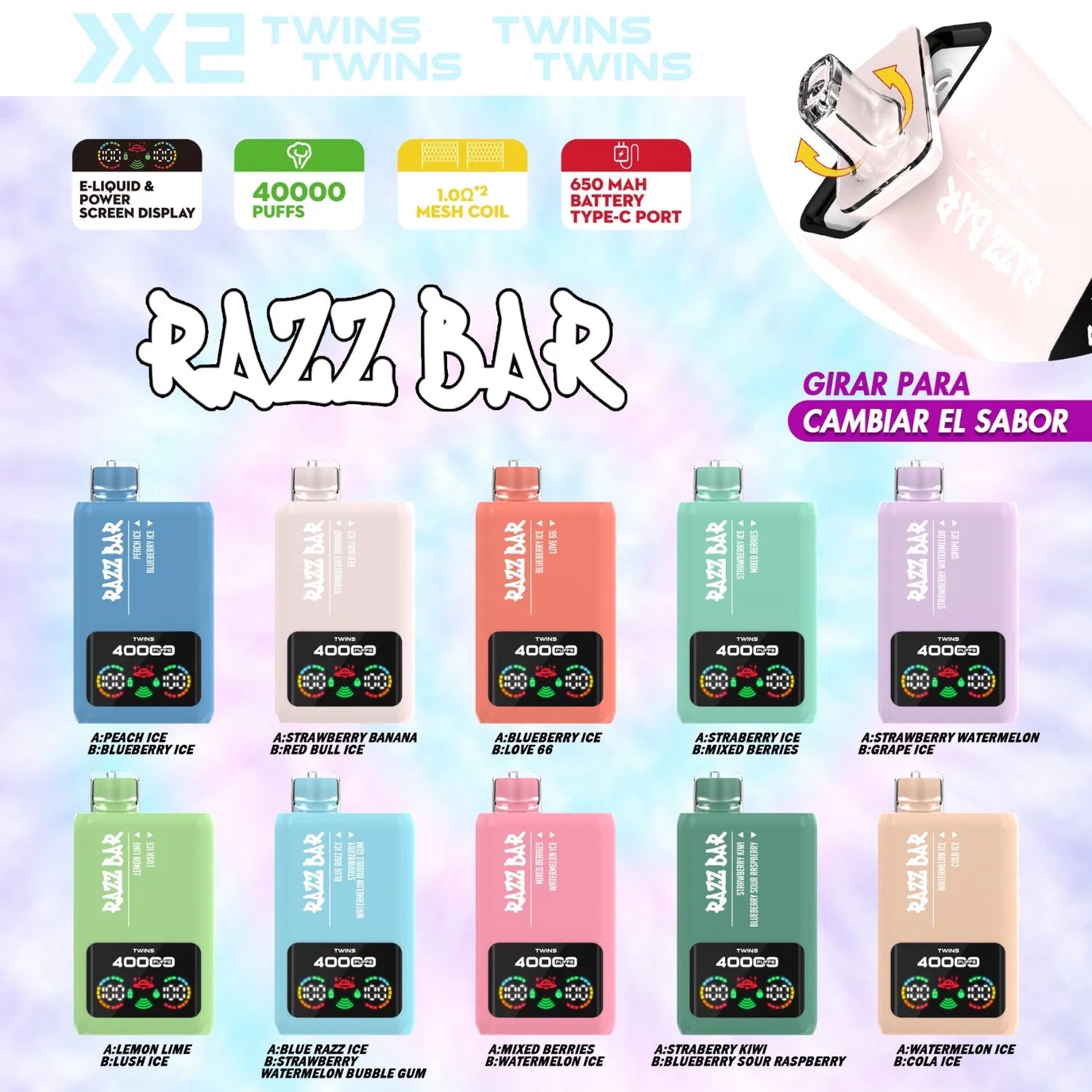 Caja Vapers Desechable Razz Bar 40000 Puffs 40k 2 Sabores - Razz Bar España